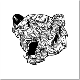 Fiery Bear Scary with Fangs Mandala Black and White Brave Warrior Posters and Art